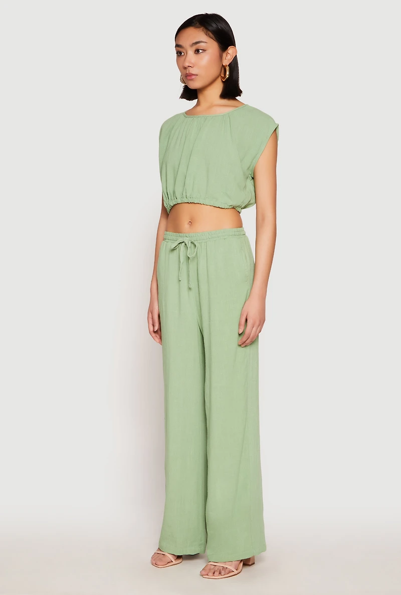 Womens Linen Ruched Elastic Hem Crop Top, Green, Size L