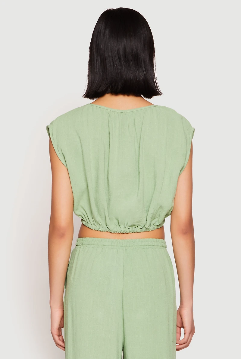 Womens Linen Ruched Elastic Hem Crop Top, Green, Size L