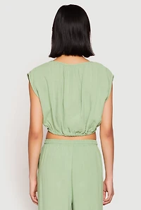 Womens Linen Ruched Elastic Hem Crop Top, Green, Size L