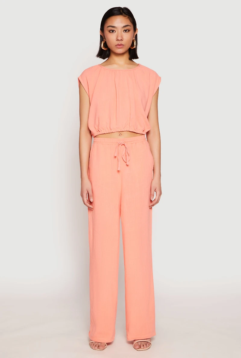Womens Linen Ruched Elastic Hem Crop Top, Pink, Size L
