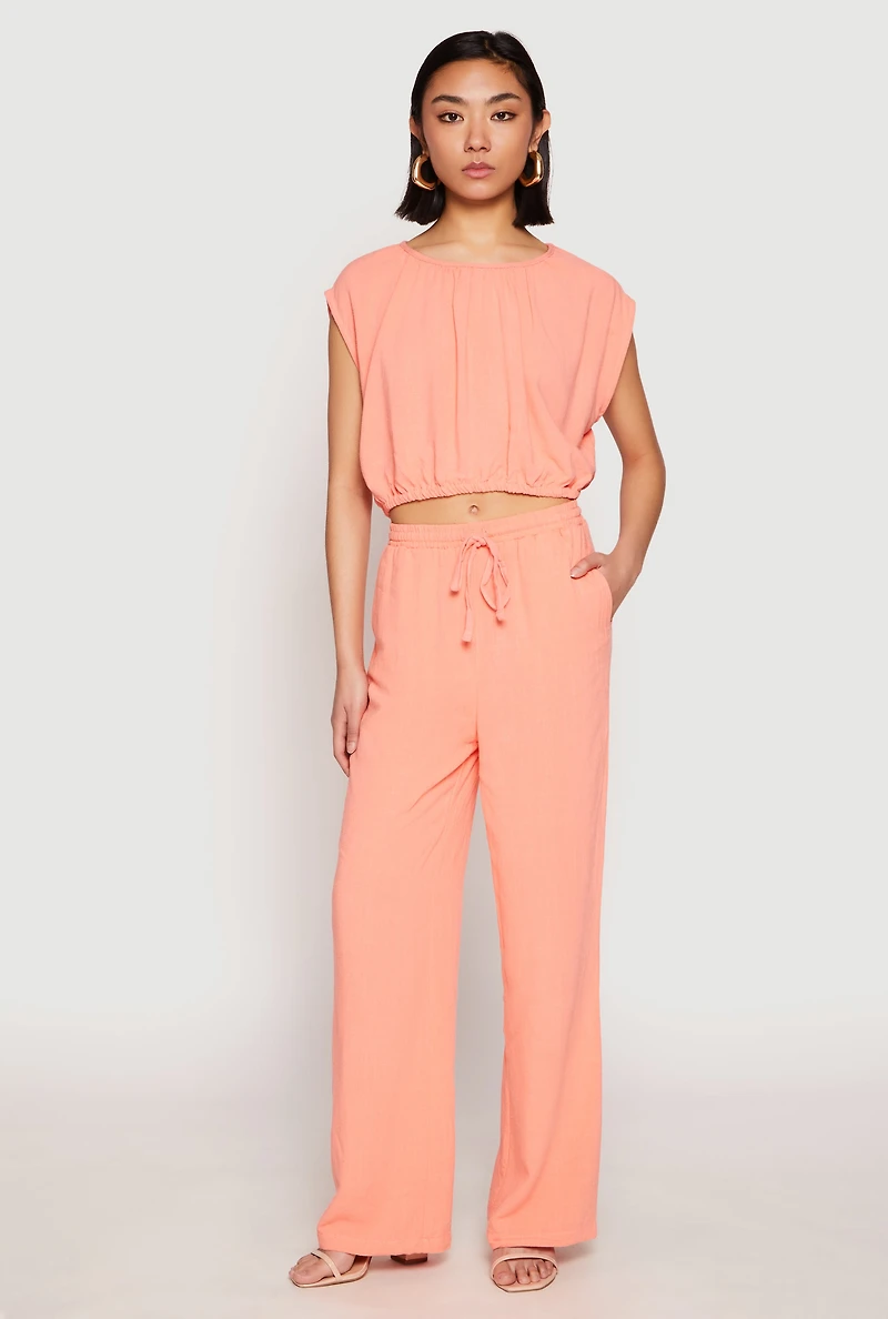 Womens Linen Ruched Elastic Hem Crop Top, Pink, Size L