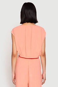 Womens Linen Ruched Elastic Hem Crop Top, Pink, Size L