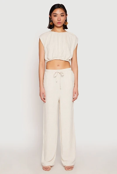 Womens Linen Wide Leg Pants, Khaki, Size M