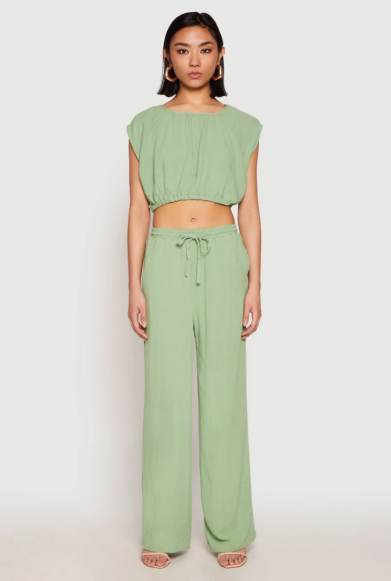 Womens Linen Wide Leg Pants, M