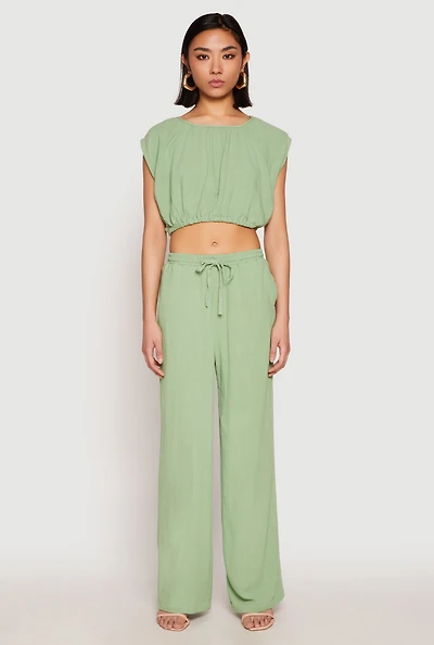 Womens Linen Wide Leg Pants, M