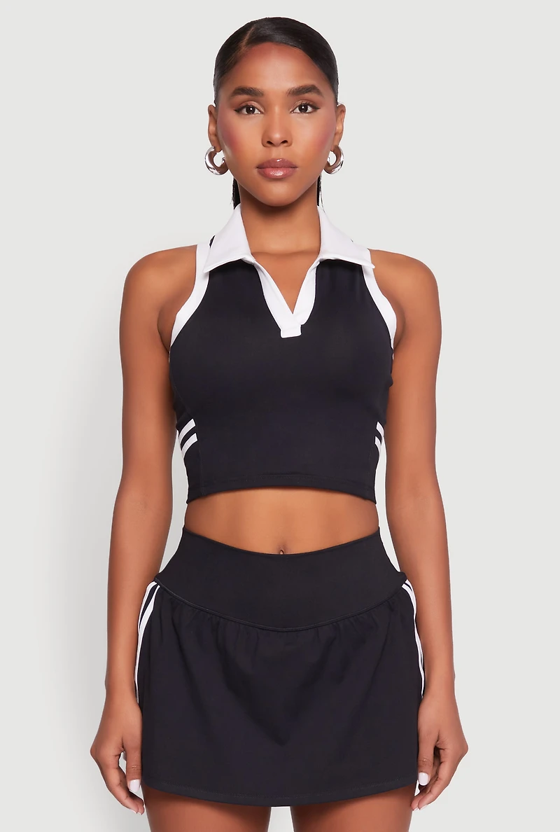 Womens Varsity Stripe Sleeveless Cropped Polo Top, Black,
