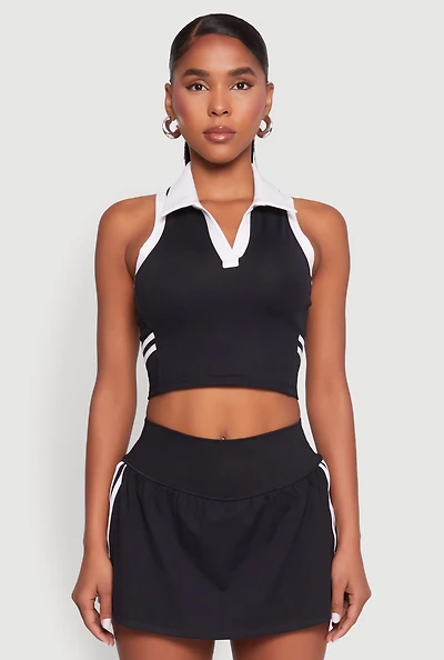 Womens Varsity Stripe Sleeveless Cropped Polo Top, Black,
