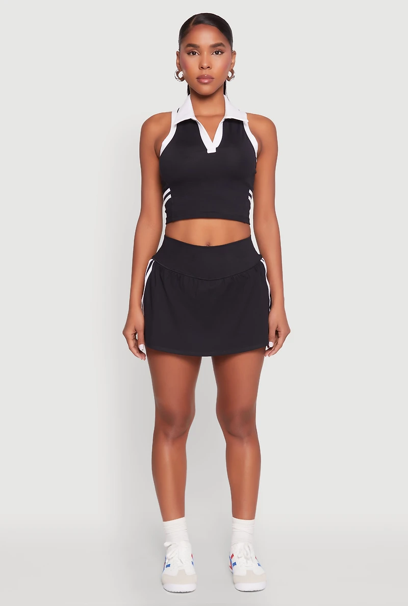 Womens Varsity Stripe Sleeveless Cropped Polo Top, Black,