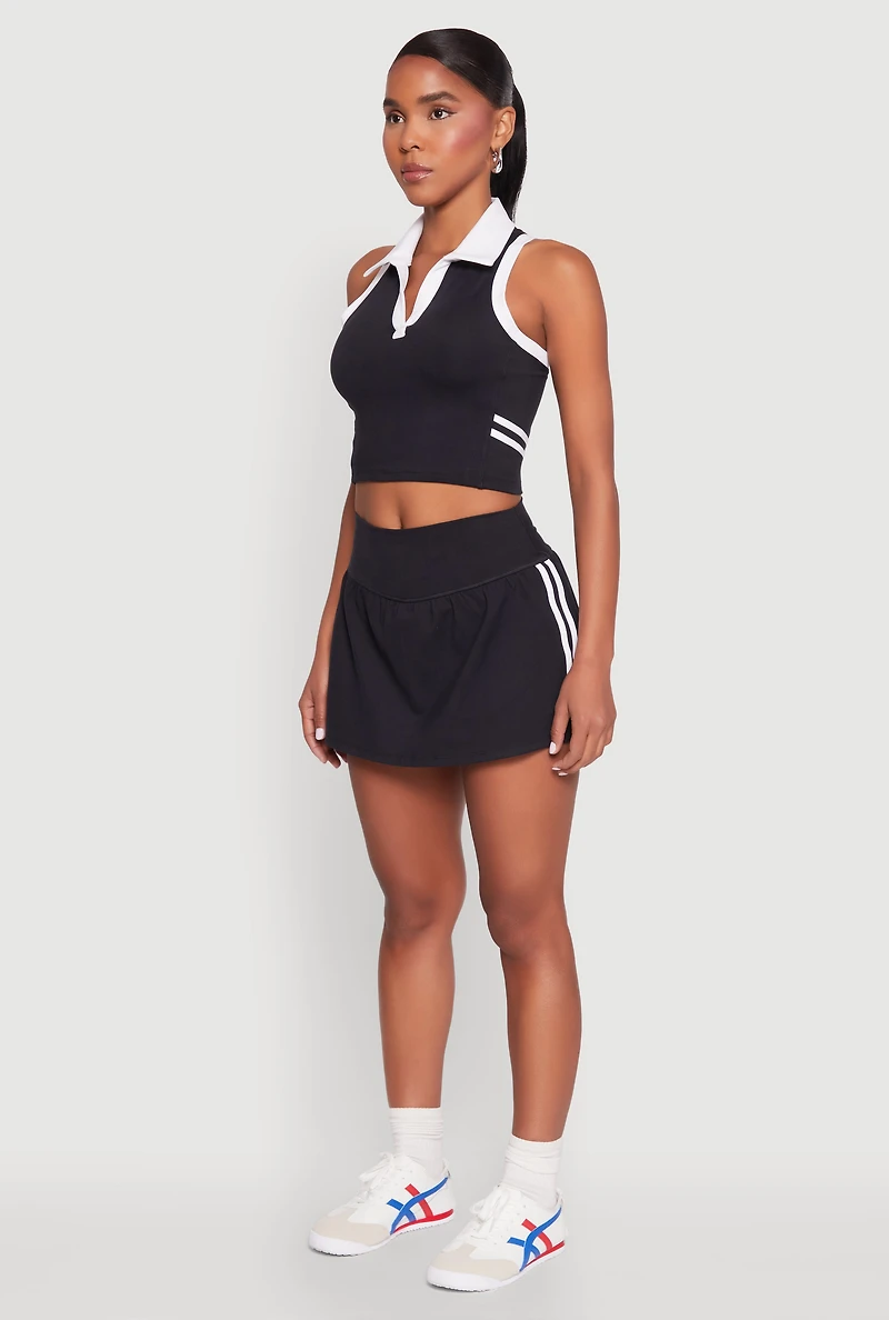 Womens Varsity Stripe Sleeveless Cropped Polo Top, Black,