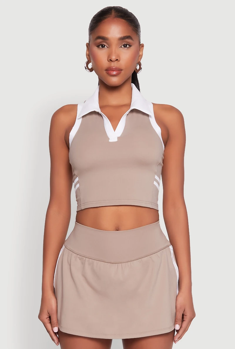 Womens Varsity Stripe Sleeveless Cropped Polo Top, Beige, Size S