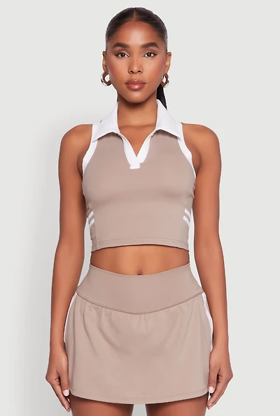 Womens Varsity Stripe Sleeveless Cropped Polo Top, Beige, Size S