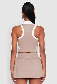 Womens Varsity Stripe Sleeveless Cropped Polo Top, Beige, Size S