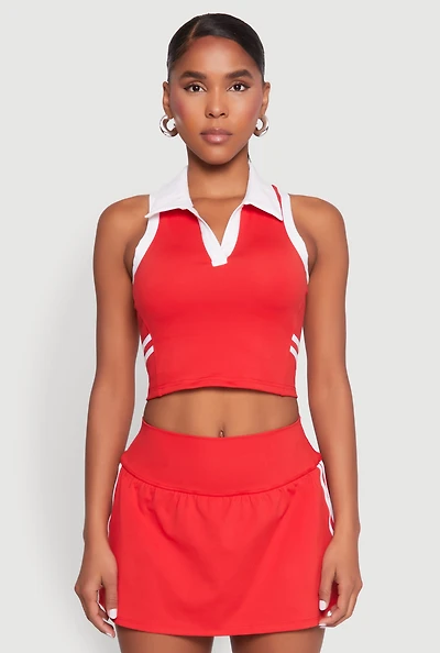 Womens Varsity Stripe Sleeveless Cropped Polo Top, Red, Size S