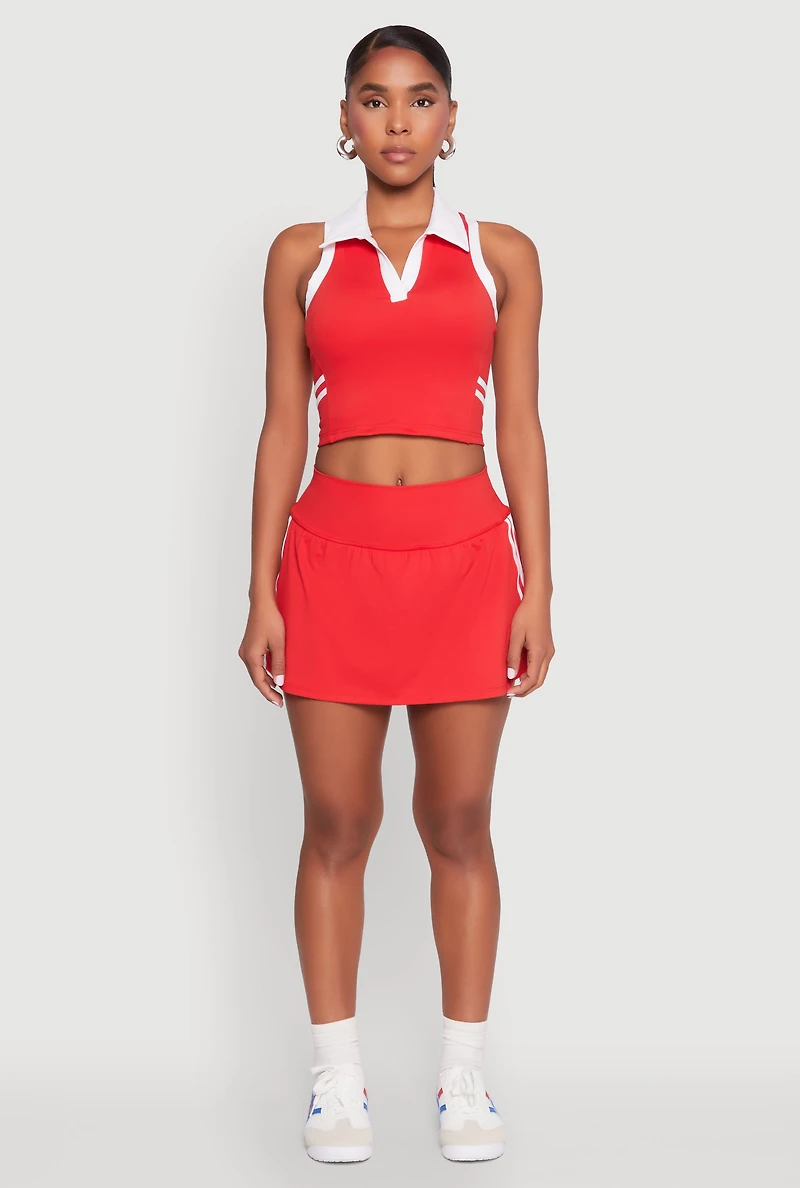 Womens Varsity Stripe Sleeveless Cropped Polo Top, Red, Size S