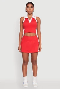 Womens Varsity Stripe Sleeveless Cropped Polo Top, Red, Size S