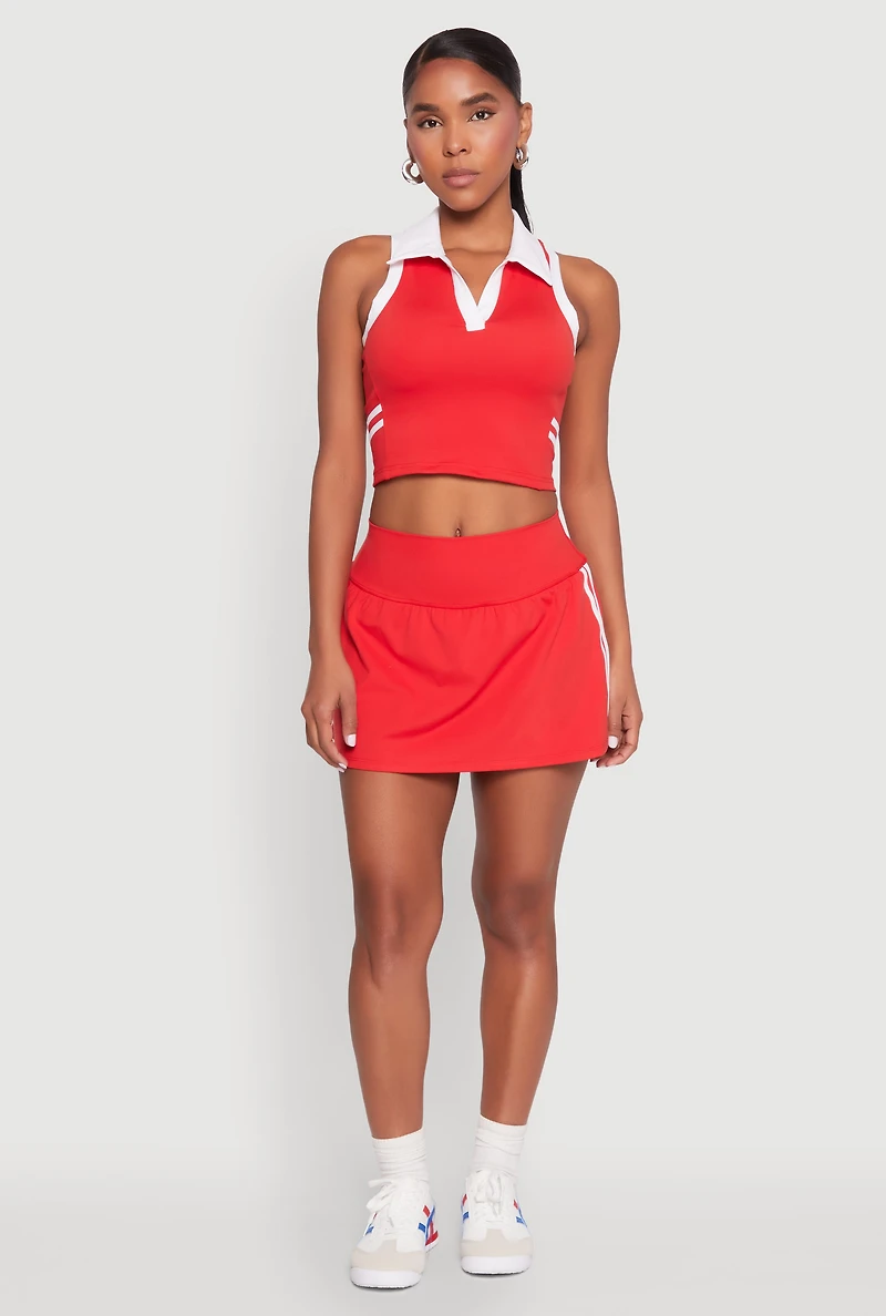 Womens Varsity Stripe Sleeveless Cropped Polo Top, Red, Size S