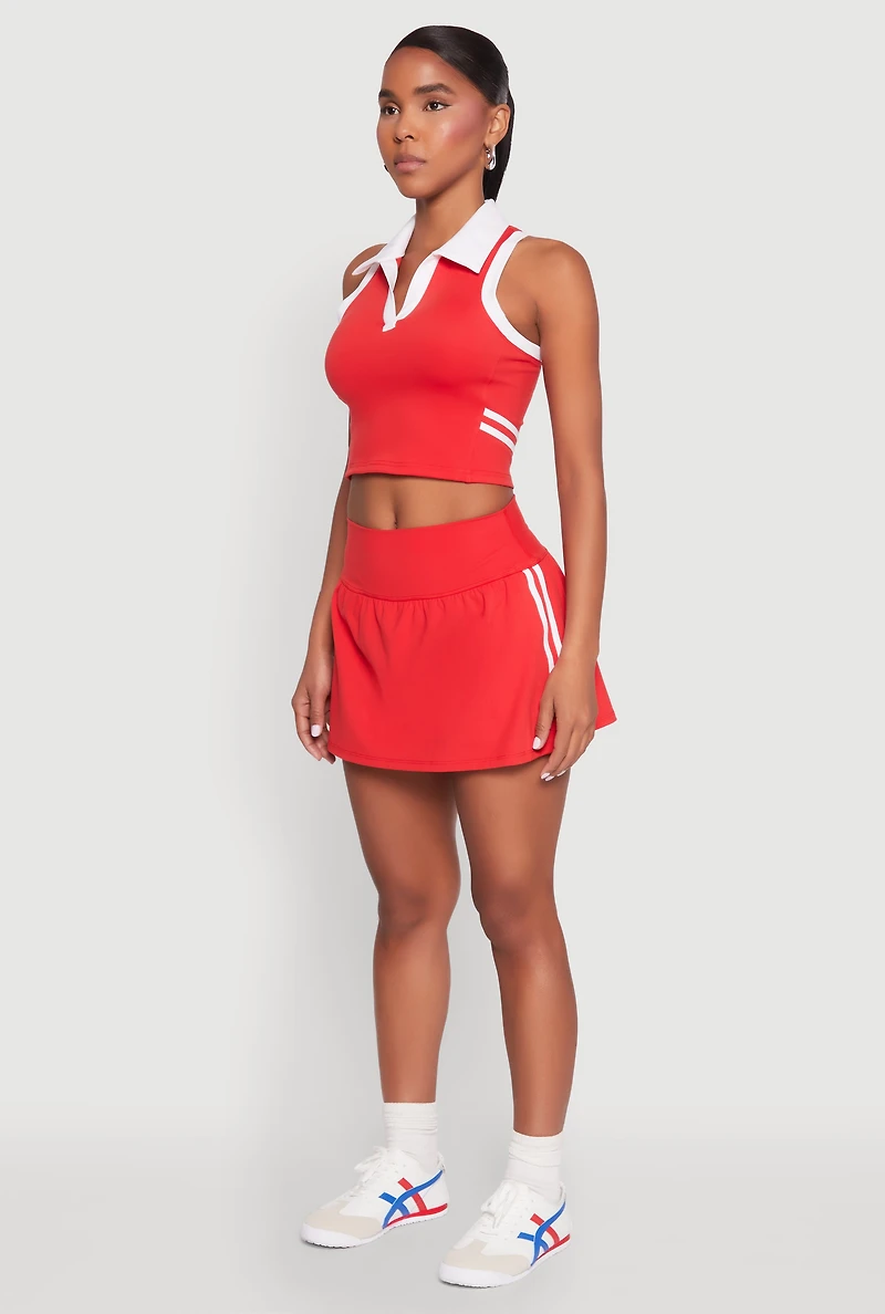 Womens Varsity Stripe Sleeveless Cropped Polo Top, Red, Size S