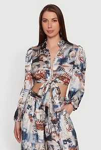 Patterned Satin Print Tie Front Crop Top