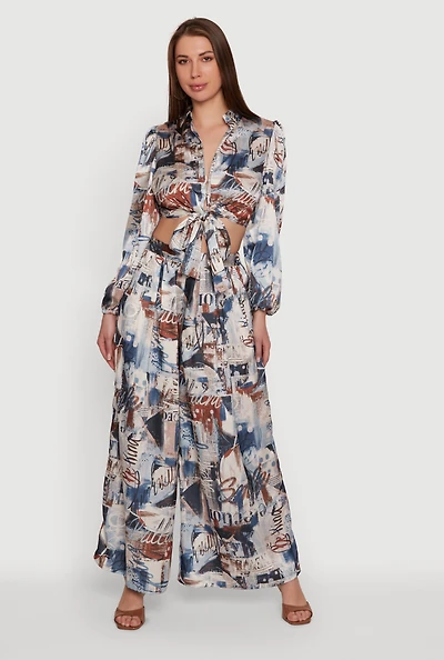Floral Satin High Waisted Wide Leg Pants