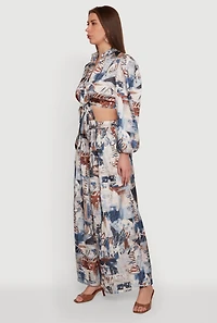 Floral Satin High Waisted Wide Leg Pants