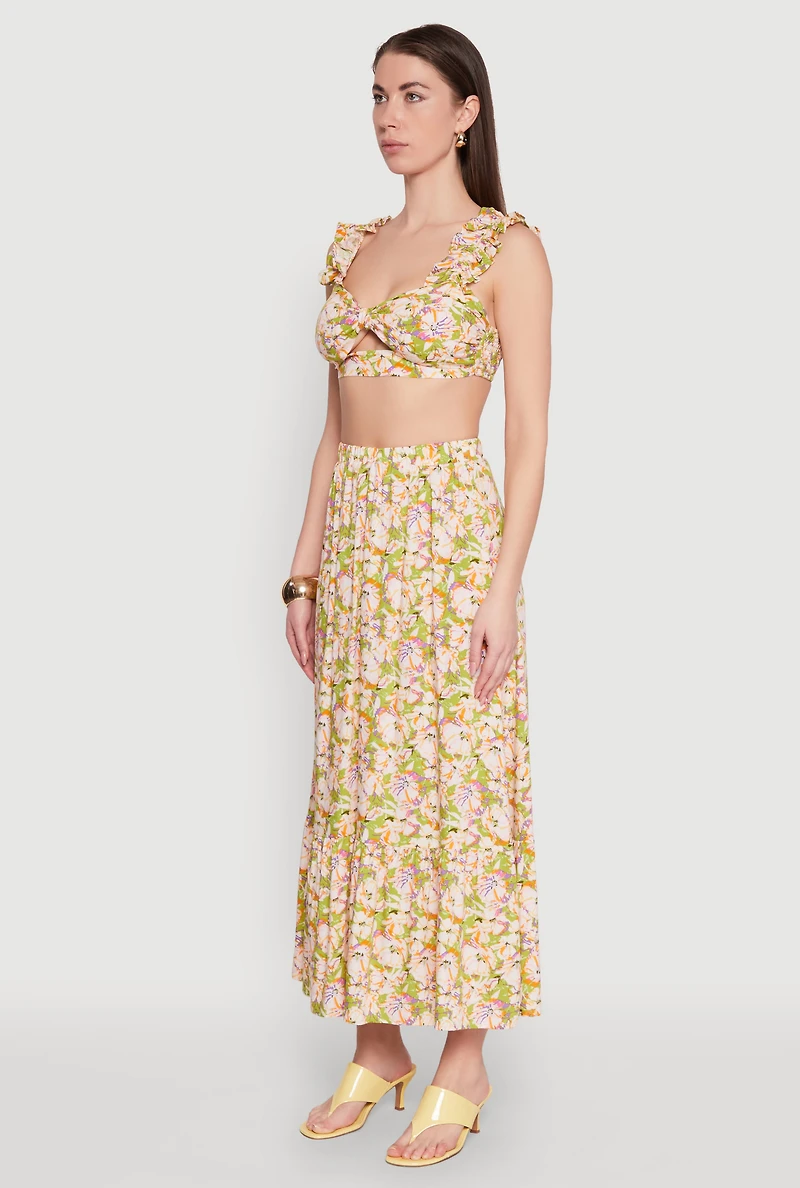 Womens Ruffle Sleeve Floral Print Bralette, Multi, Size XL