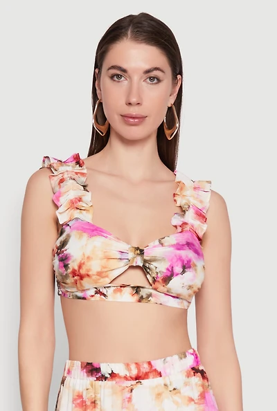 Womens Ruffle Sleeve Floral Print Bralette, Multi,