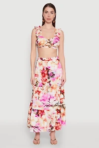 Womens Ruffle Sleeve Floral Print Bralette, Multi, Size L