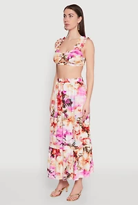Womens Ruffle Sleeve Floral Print Bralette, Multi, Size L