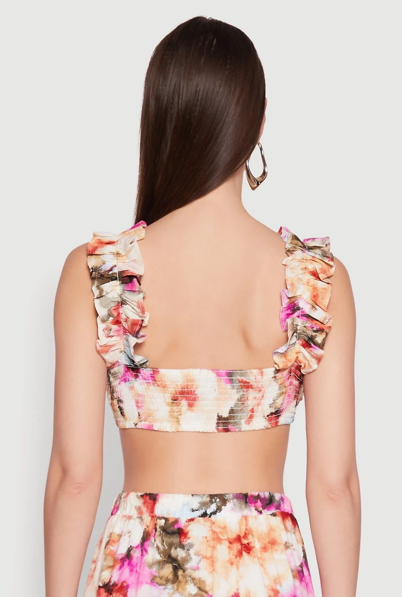 Womens Ruffle Sleeve Floral Print Bralette, Multi, Size L