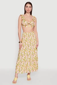 High Waisted Floral Print Tiered Skirt