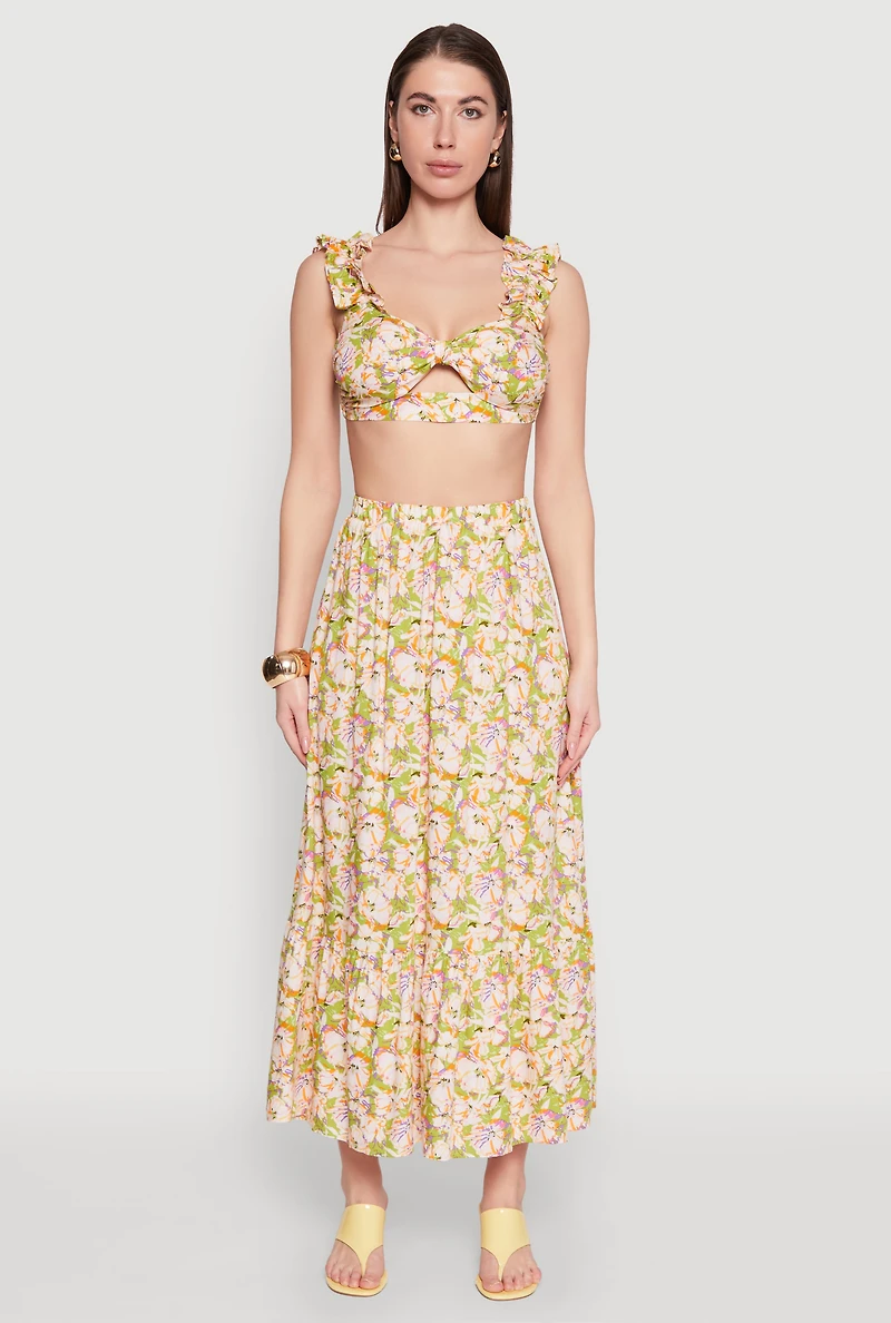 Womens High Waisted Floral Print Tiered Skirt, Multi,