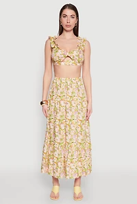 High Waisted Floral Print Tiered Skirt