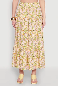 High Waisted Floral Print Tiered Skirt