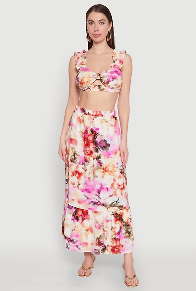 Womens High Waisted Floral Print Tiered Skirt, Multi, Size S