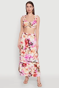 Womens High Waisted Floral Print Tiered Skirt, Multi, Size S