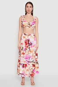 Womens High Waisted Floral Print Tiered Skirt, Multi, Size S