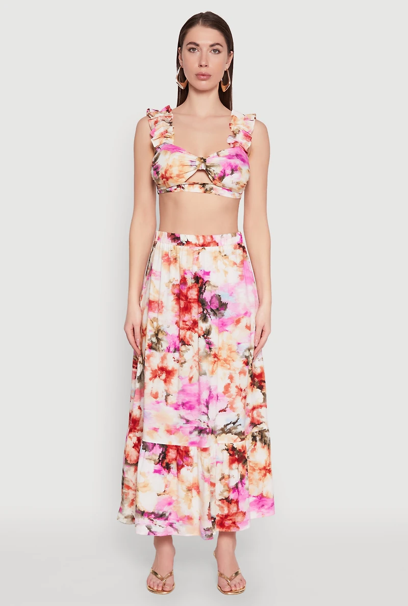 Womens High Waisted Floral Print Tiered Skirt, Multi, Size XL