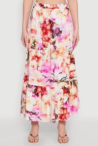 Womens High Waisted Floral Print Tiered Skirt, Multi, Size XL