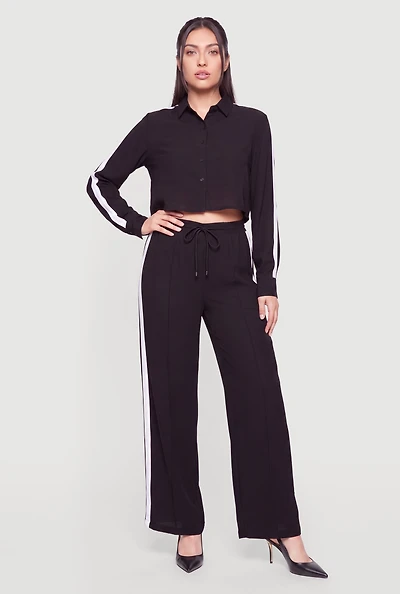 Contrast Trim Drawstring Waist Wide Leg Pants with Pintuck Detail