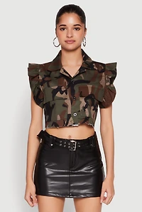 Womens Flutter Sleeve Camo Cropped Jacket, Multi, Size S