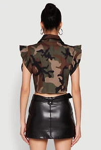 Womens Flutter Sleeve Camo Cropped Jacket, Multi, Size S