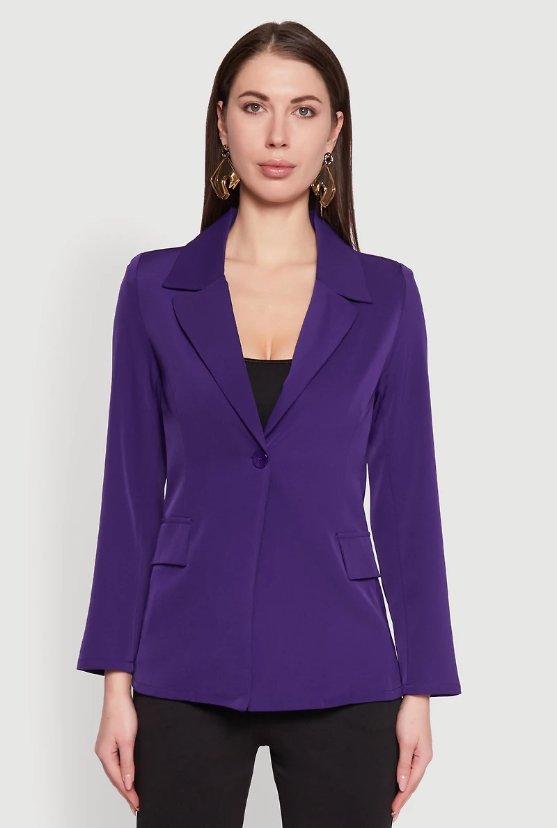 Womens Padded Shoulder One Button Blazer, Purple, Size M