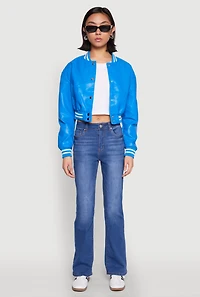 Womens Daisy Faux Leather Cropped Bomber Jacket, Blue,