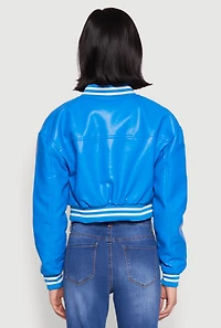 Womens Daisy Faux Leather Cropped Bomber Jacket, Blue,