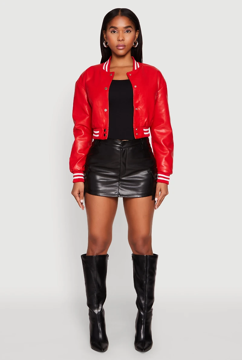 Womens Daisy Faux Leather Cropped Bomber Jacket, Red, Size S
