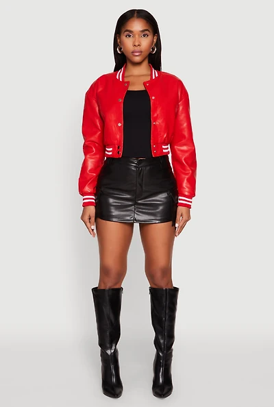 Womens Daisy Faux Leather Cropped Bomber Jacket, Red, Size S