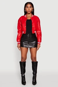 Womens Daisy Faux Leather Cropped Bomber Jacket, Red, Size S