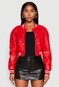 Womens Daisy Faux Leather Cropped Bomber Jacket, Red, Size S