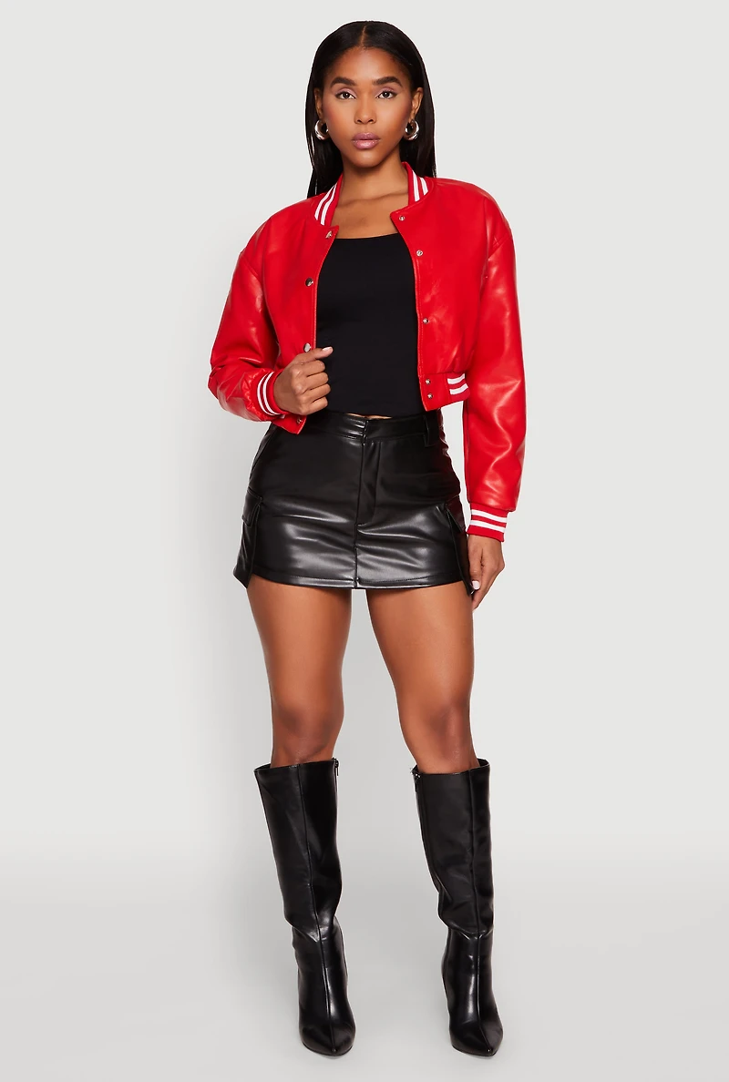 Womens Daisy Faux Leather Cropped Bomber Jacket, Red, Size S