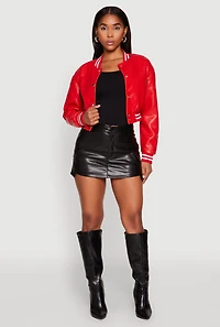 Womens Daisy Faux Leather Cropped Bomber Jacket, Red, Size S
